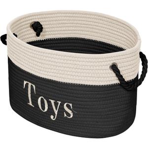 Toy Rope Storage Basket - 15 x 11 x 9 Toy Bin - Embroidered Storage Bins - Black and White Basket - Tote Bin for Nursery, Playroom, Living Room, Classroom