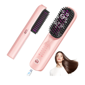 Cordless Hair Straightener Brush - Portable Hair Straightening Brush for Travel - 300M Negative Ions for Frizz-Free Shine, Touch Up On-The-Go, Fast Heating, Gift for Women, 10,000mAh, Powder Pink