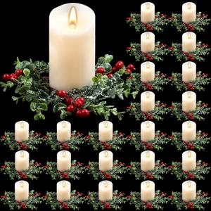 Lyrow 24 Pcs Christmas Candle Rings Wreaths Mini Artificial Garland for Kitchen Cabinet Red Berries Pine Snowy Xmas Holder for Pillars Rustic Centerpiece Table Chandelier Decor(Classic)