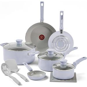 T-Fal Refresh Ceramic Nonstick Cookware Set, 12-Piece, Oven and Broiler Safe up to 350F, Includes Stockpot, Griddle, Frying Pans, and Utensils, Pots and Pans, Blue
