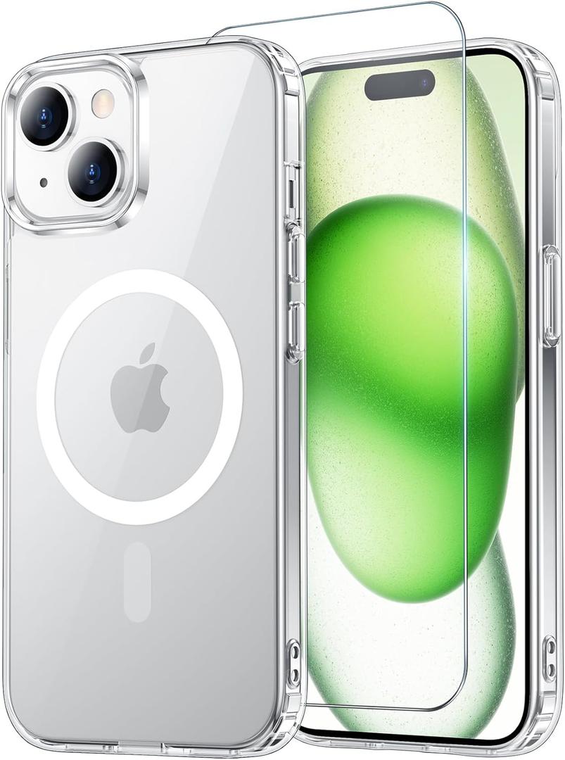 Temdan for iPhone 15 Case & iPhone 14 & iPhone 13 Case Clear with Screen Protector, Compatible with Magsafe, Anti-Yellowing, Military-Grade Protection, Shockproof Slim Magnetic Phone Case Cover