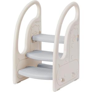 Toddler 3 Step Stool Onasti Kids Standing Tower for Toddlers Plastic Learning Helper Stool for Kitchen Counter Bathroom Sink Toilet Potty Training with Handles and Non-Slip Pads-Grey White, Gray
