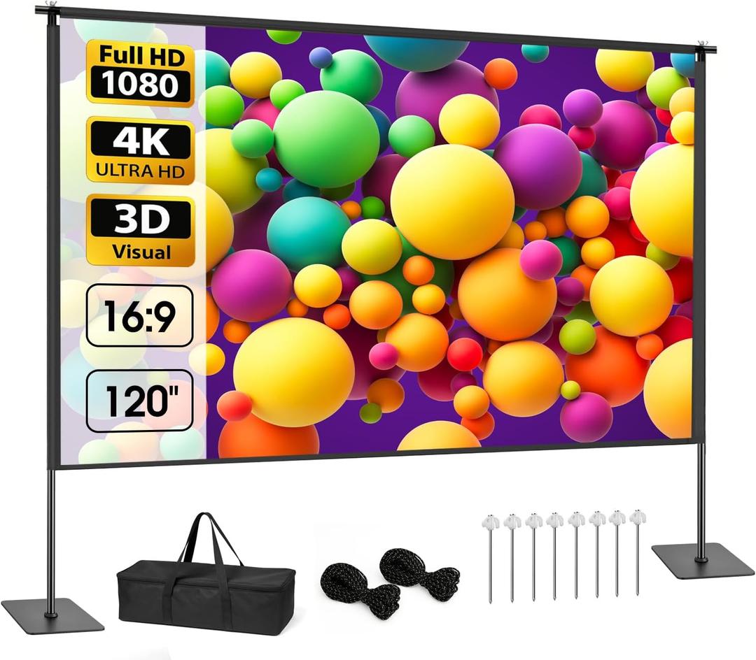 Outdoor Projector Screen with Stand, 120 inch Portable Projection kit 16:9 4K HD Wrinkle-Free Indoor Outdoor Movie Screen with Carry Bag for Home Theater and Backyard Movie Night