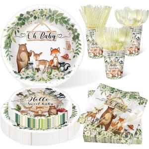 350 Pieces Woodland Baby Shower Decorations Set Serves 50 Guests, Forest Theme Party Supplies Tableware with Plates, Cups, Napkins, Disposable Tableware