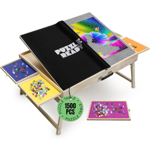 Puzzle Ready 1500-Piece Wooden Jigsaw Puzzle Table - 27" x 36" Foldable Portable Puzzle Board Design with Short Legs, 4 Colorful Drawers, 3 Adjustable Angles & Cover Mat - Fits 1000-1500 Piece Jigsaw