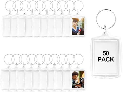 BRT Bearingshui 50pcs Pendant Picture Frame Keyrings, Clear Acrylic Photo Frame Keyring Holder, Make Your Own Personalized Keyring Kit, Rectangle Blank Photo Insert Keychain for DIY Craft