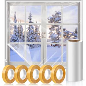 Window Insulation Kit, 63 × 394 Inch Plastic Window Coverings for Winter, Thicken Window Shrink Film Insulator Kit Windows Waterproof Winterizing with 4 Double-Sided Tape for 10 Pcs 3 x 5 Ft Windows