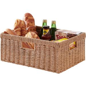OIAHOMY Wicker Storage Basket, Rectangular Paper Rope Shelf Baskets with Built-in Handles, Woven Decorative Organizer for Pantry, Shelves, Living Room and Bathroom, 1-Pack Natural