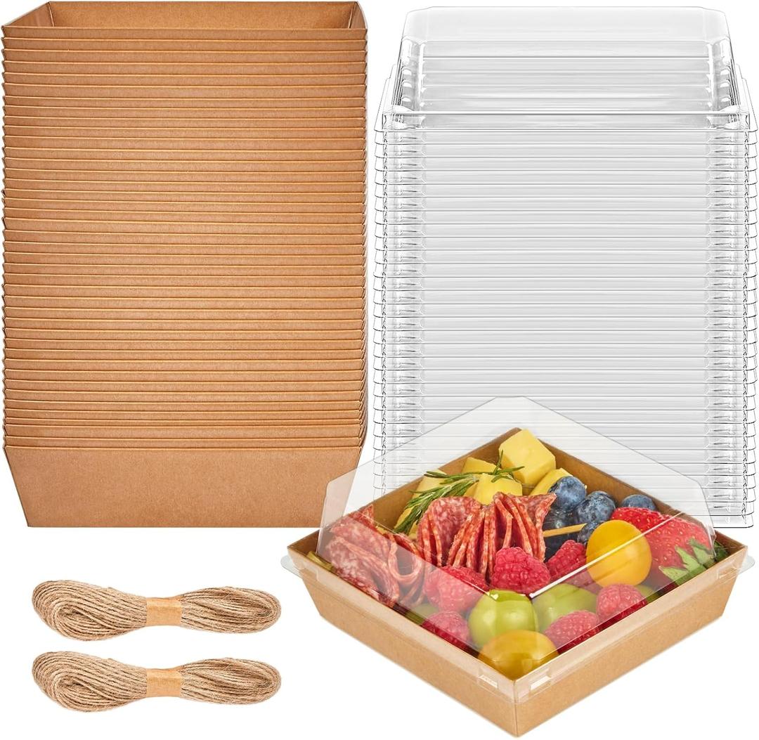 50 Pack 5 Inch Paper Charcuterie Boxes with Clear Lids, Square To Go Cake Slice Containers Small Kraft Bakery Boxes for Dessert, Cookies, Sandwich, Strawberries (Brown)