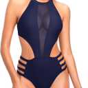 Tempt Me Women One Piece Sexy Mesh Swimsuit High Neck Halter Cutout Monokini Swimwear (Large, Blue)