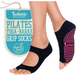 Tucketts Toeless Pilates Socks with Grips for Women, Non-Slip Yoga & Barre Socks for Stability & Barefoot Workouts, Size 6-13 (Small-Medium, Black Swan)