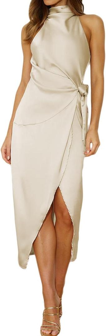 Halfisland Womens Summer Satin High Neck Sleeveless Wrap Dress Elegant Mock Neck Tie Waist Cocktail Formal Dresses (X-Large, Champagne)