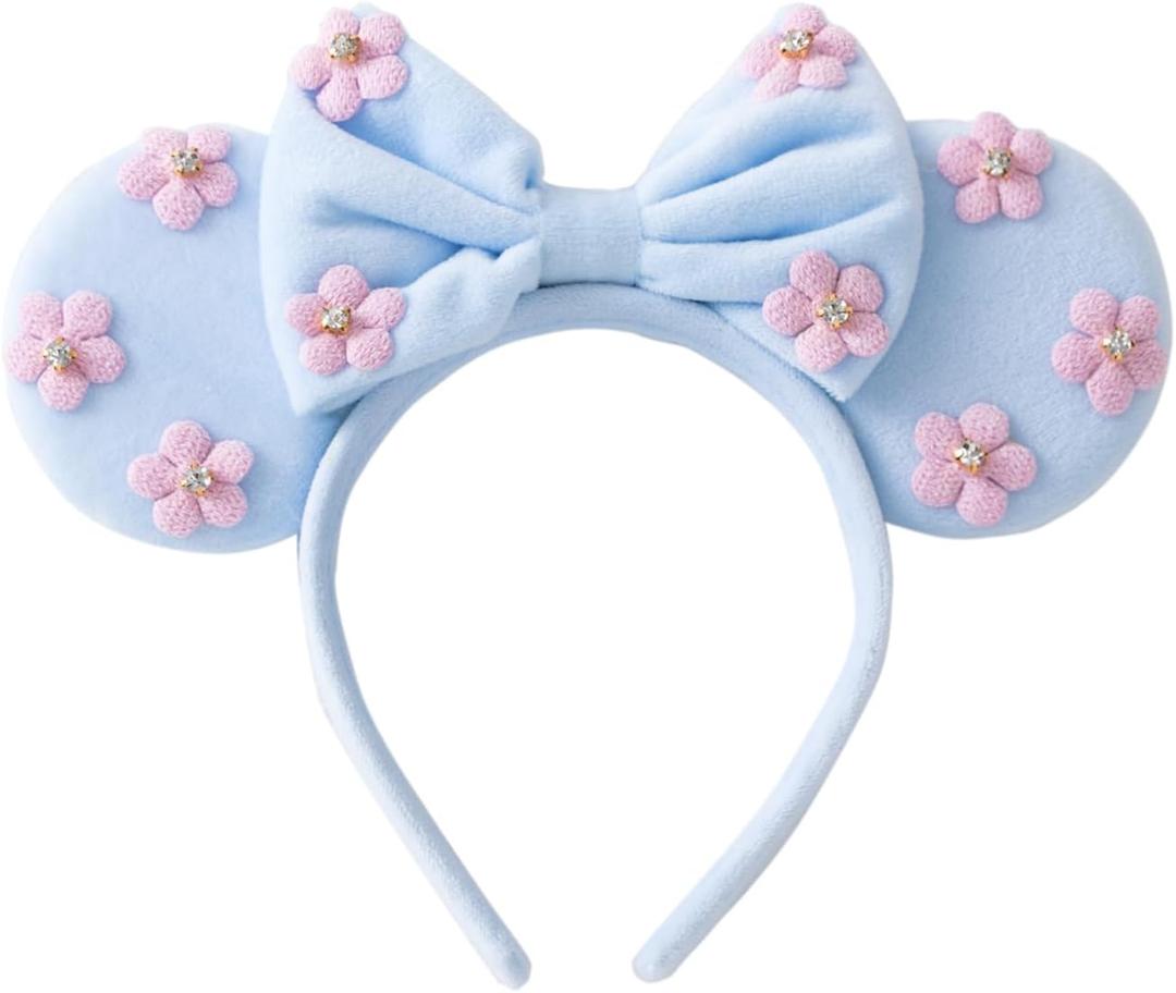 KARETT Sequins Mouse Ears Headband With Glitter Bow Princess Party Decorations For Girls Women (Sky Blue)