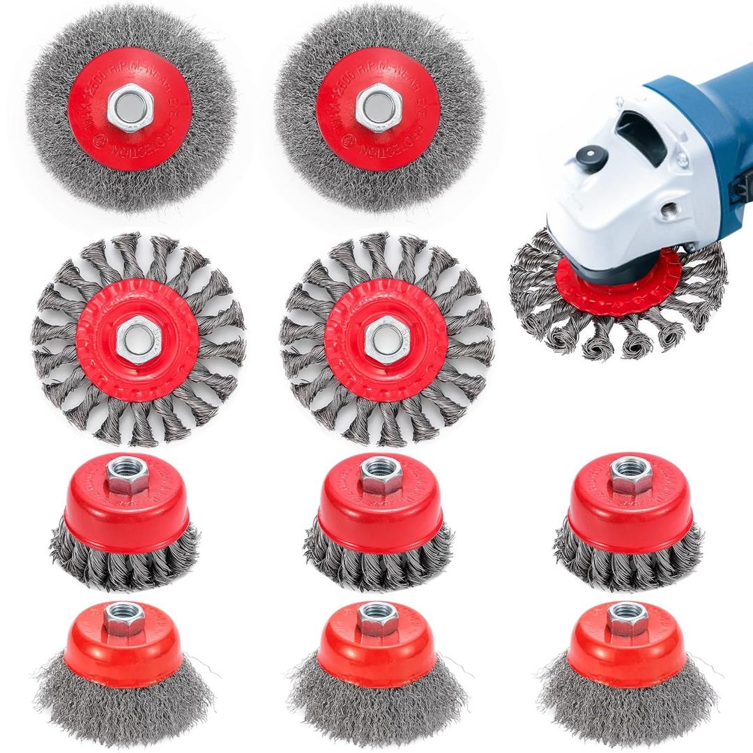 Idong 10 Pack Wire Wheel Brush for Angle Grinders, Carbon Steel Knotted & Crimped Cup/Wheel Brushes for 4 1/2" Angle Grinder with 5/8" Thread Arbor, for Rust, Corrosion, Paint Removal