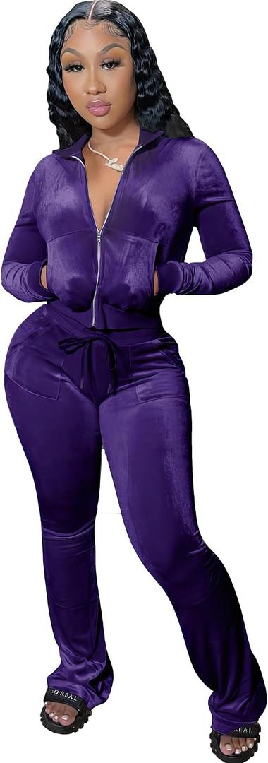 yidengymx Womens 2 Piece Velour Tracksuit Two Piece Outfits for Women Long Sleeve Zip Up Crop Tops Sweatpants Sets Pockets