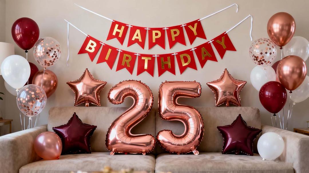 25th Birthday Party Decorations Rose Gold for Women,Birthday Banner Rose Red Number 25 Balloons Star Foil Balloons 25th Birthday Confetti Balloons for Women 25 Years Old Birthday Party(25th)