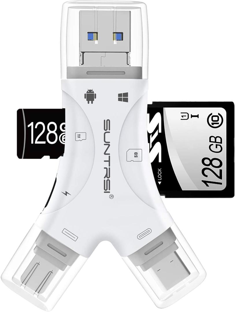 SD Card Reader for iPhone/ipad/Android/Mac/Computer/Camera,4 in1 Micro SD Card Reader Trail Camera Viewer, Portable Memory Card Reader SD Card Adapter for SD and TF Cards(White)
