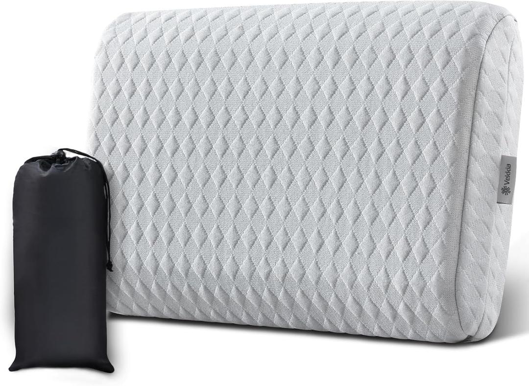 Vekkia Travel Pillow with Memory Foam, Portable and Compressible Camping Pillow with Washable Cover, Ergonomic Supportive for Sleeping, Ideal for Adults & Kids Travel, Hiking, Airplane, Car (Gray M)
