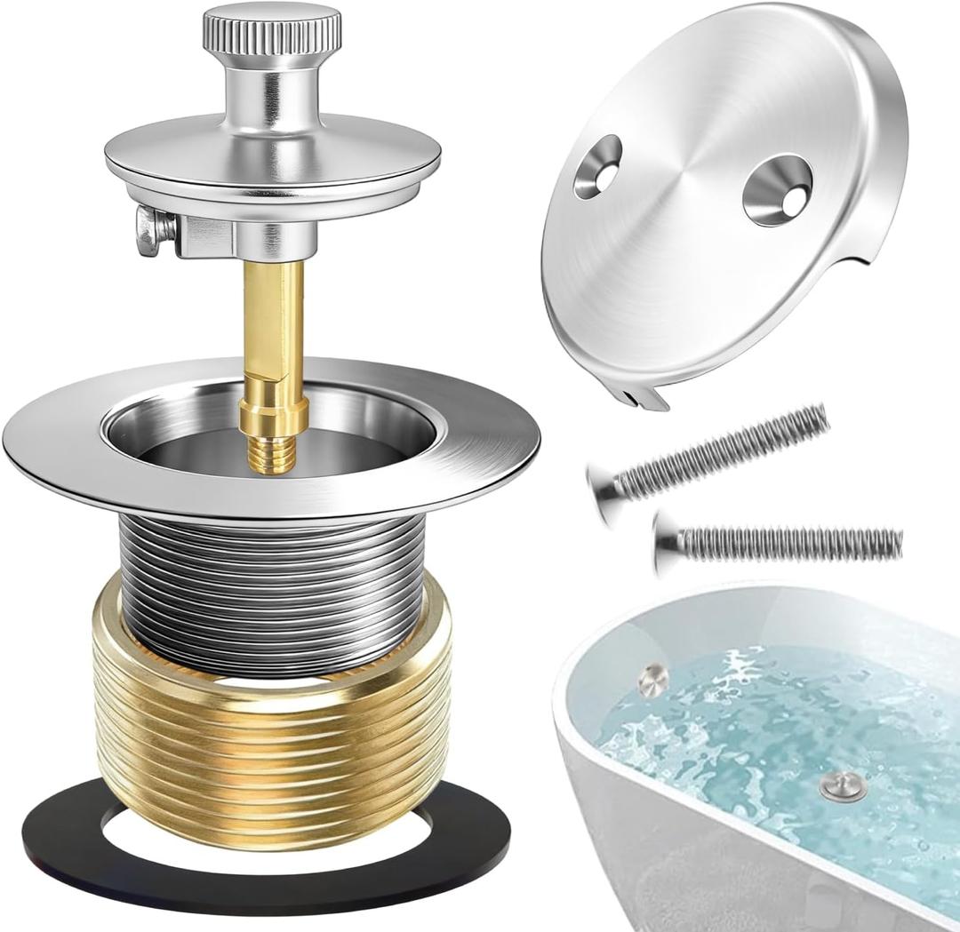 Universal All Metal Lift & Turn Black Bathtub Drain Kit with Fine/Coarse Thread Conversion Twist Trim Kit Assembly,Chrome Polished Tub Drain and Overflow Kit with 2-Hole Overflow Faceplate