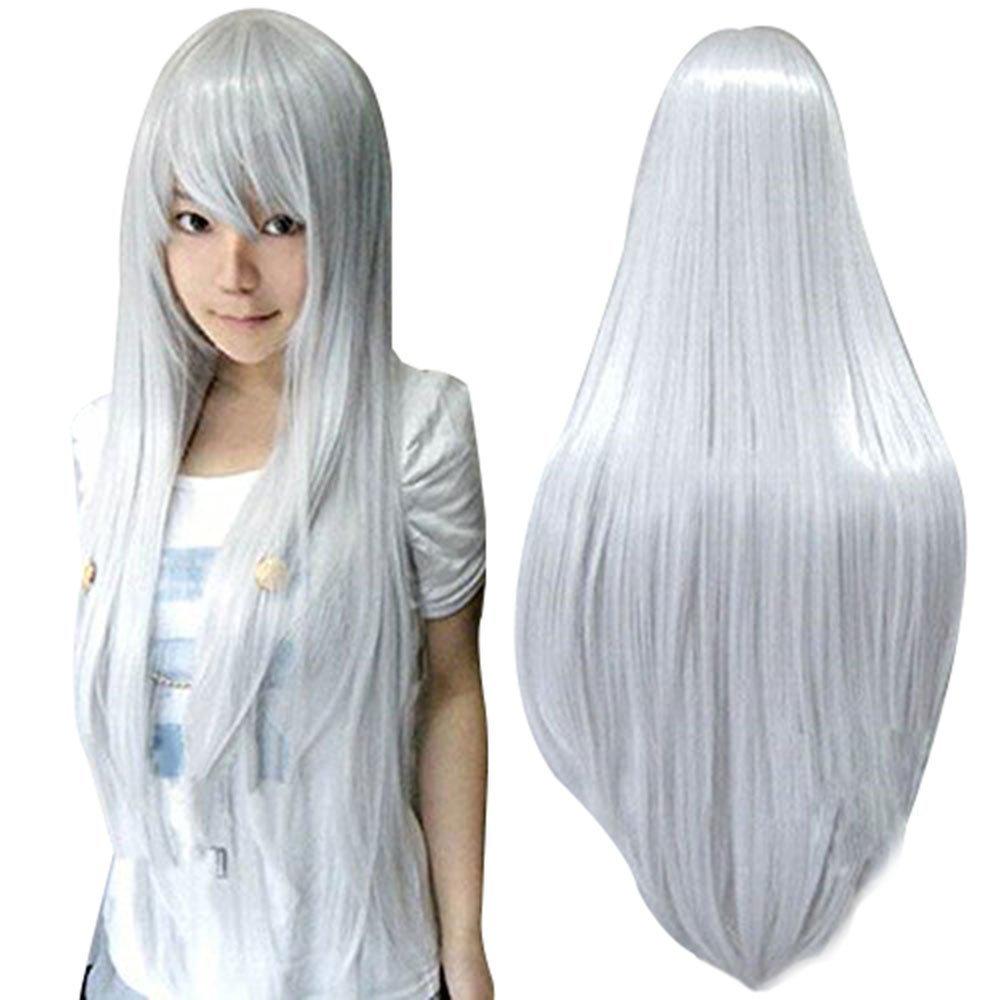 ANOGOL Hair Cap+32Inch/80cm Silver Wig for Women Cosplay Wig, Peluca Larga Plateada for Anime Cosplay Women Halloween Costumes, Silver White Wig Straight Wig for Halloween Party