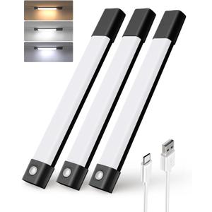 EZVALO Under Cabinet Lighting, Wireless Closet Lights, 50 LED Rechargeable Motion Sensor Light, Dimmable, 3 Color Temperatures, 11.8 in Counter Lights for Kitchen, Pantry, Wardrobe (3 Pcs, Black)