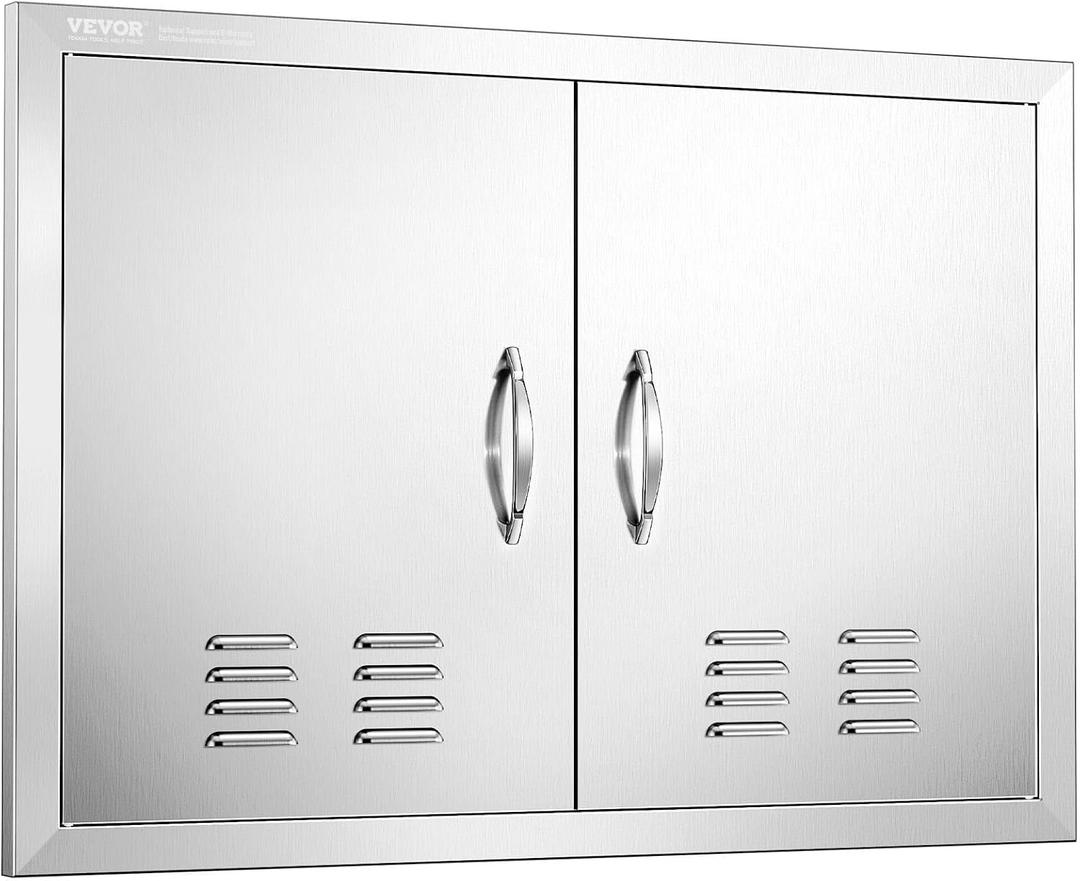 VEVOR Outdoor Kitchen Doors, 30"W x 21"H, 304 Stainless Steel Double Doors with Vents, BBQ Access Door with 2 Detachable Handles and 6 Hooks, for BBQ Island (30W x 21H)