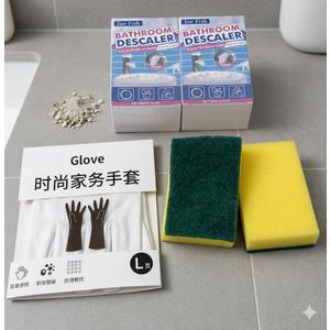Bathroom Descaler Foam Spray 2pcs, Gloves Large, and 2 Sponge