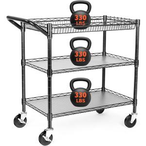 Heavy Duty Utility Cart, 990Lbs Capacity 3 Tier Rolling Carts with Wheels, Kitchen Cart on Wheels with Storage, Commercial Grade Metal Serving Carts with Wire Shelving &Handle Bar, Black