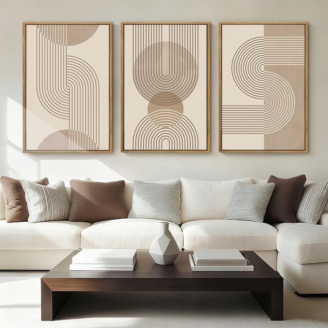 Anyzal Large Abstract Wall Art Framed,Boho Wall Art Geometric Line,Modern Mid Century Artwork Minimalist,Beige Neutral Painting Boho Abstract for Home Living Room Bedroom Office 24''x36'' Set of 3