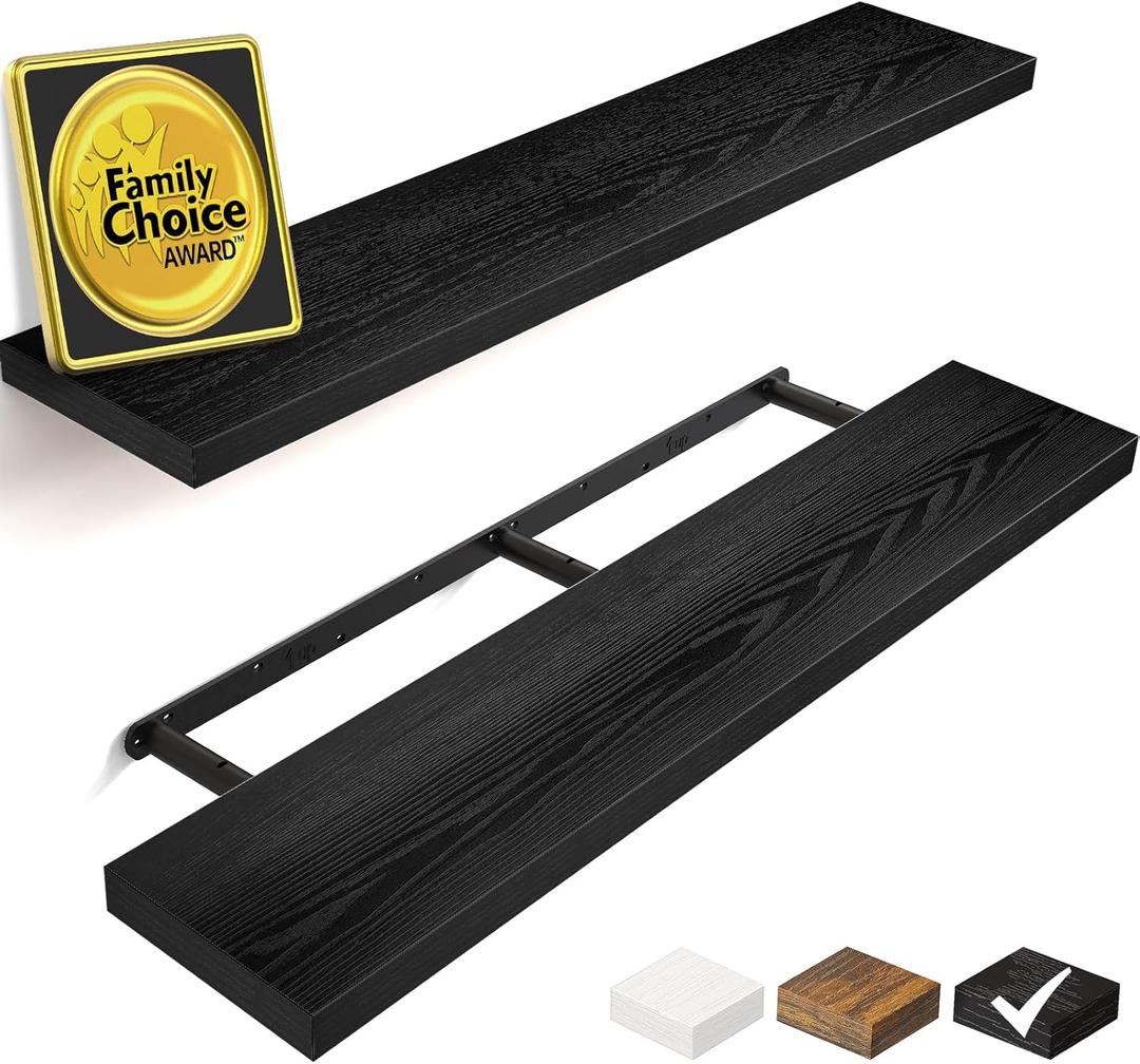 BAYKA Floating Shelves for Wall, 36 inches Long Wall Mounted Rustic Wood Shelves for Bathroom, Bedroom, Living Room, Kitchen, Office, Hanging Shelf for Books/Storage/Decor (Black,Set of 2), A. Black - Universal Classic Style