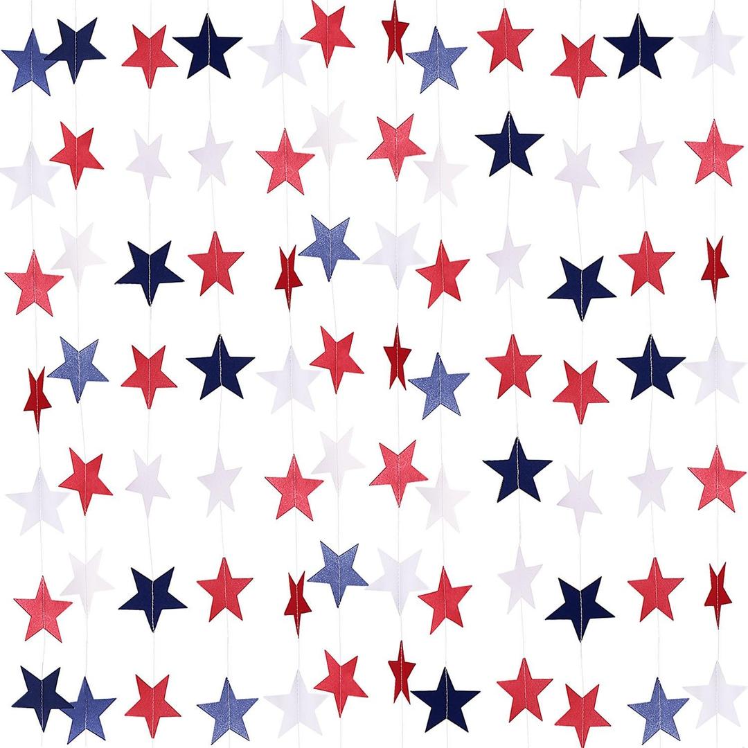 TecUnite 8 Pack Total 52.5Ft Patriotic Star Streamers Banner Blue Red White Star Garland American Flag Decor for 4th of July, Memorial Day, Veterans Day, Independence Labor Celebration Decorations
