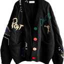 Women's Cable Knit Long Sleeve Open Front Cardigan Sheep V-Neck Button Down Embroidery Wool Blend Sweater Coat Outwear (Medium, Black)