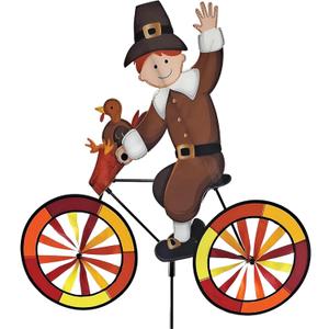 Bike Spinner Pilgrim 30"  Thanksgiving Harvest Design, Weather-Resistant Outdoor Decor, Durable & Lightweight for Patios, Yards, and Gardens - Eye-Catching Wind Spinner with Rotating Wheels