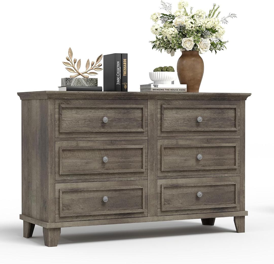 GarveeHome Farmhouse Grey Dresser for Bedroom with 6 Drawer, Double Dresser TV Stand with Vintage Handle, Wide Wood Dressers & Chests of Drawers, 6 Drawer Dressers for Bedroom, Living Room, Hallway, 16"D x 47"W x 33"H