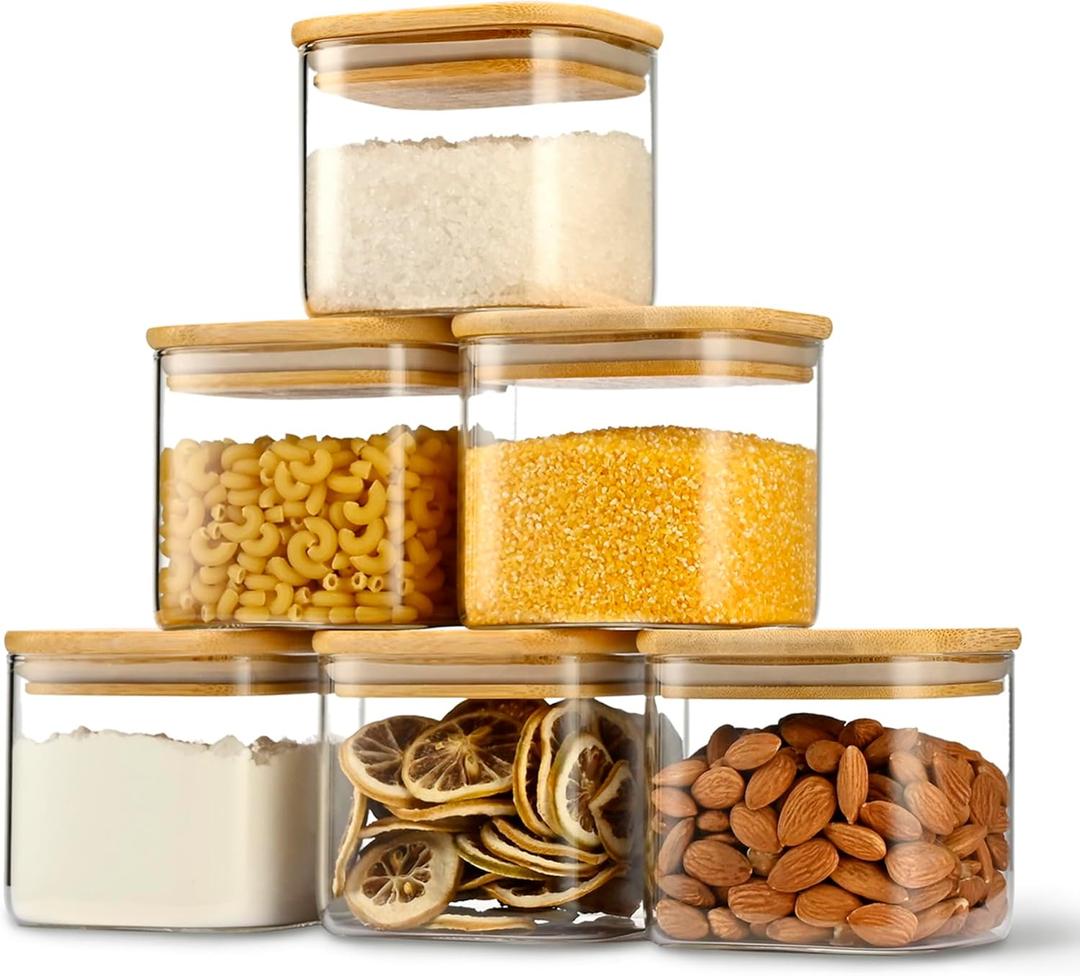 22oz Airtight Square Spice Containers with Bamboo Lid Set of 6 (650ml) Kitchen Pantry Organization Jar Stackable Spice Jar, for Sugar, Tea, Cookies and Coffee beans (with Black Lable)
