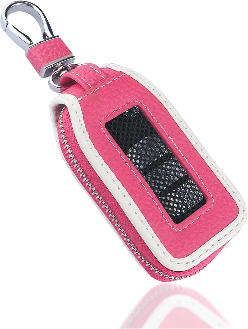 carleef Car Key Fob Cover Case,Leather Car Key Holder with Mesh Window,Universal Keychain Case Car Accessories for Women & Men (Rose/White), 3.45"L * 1.85"W