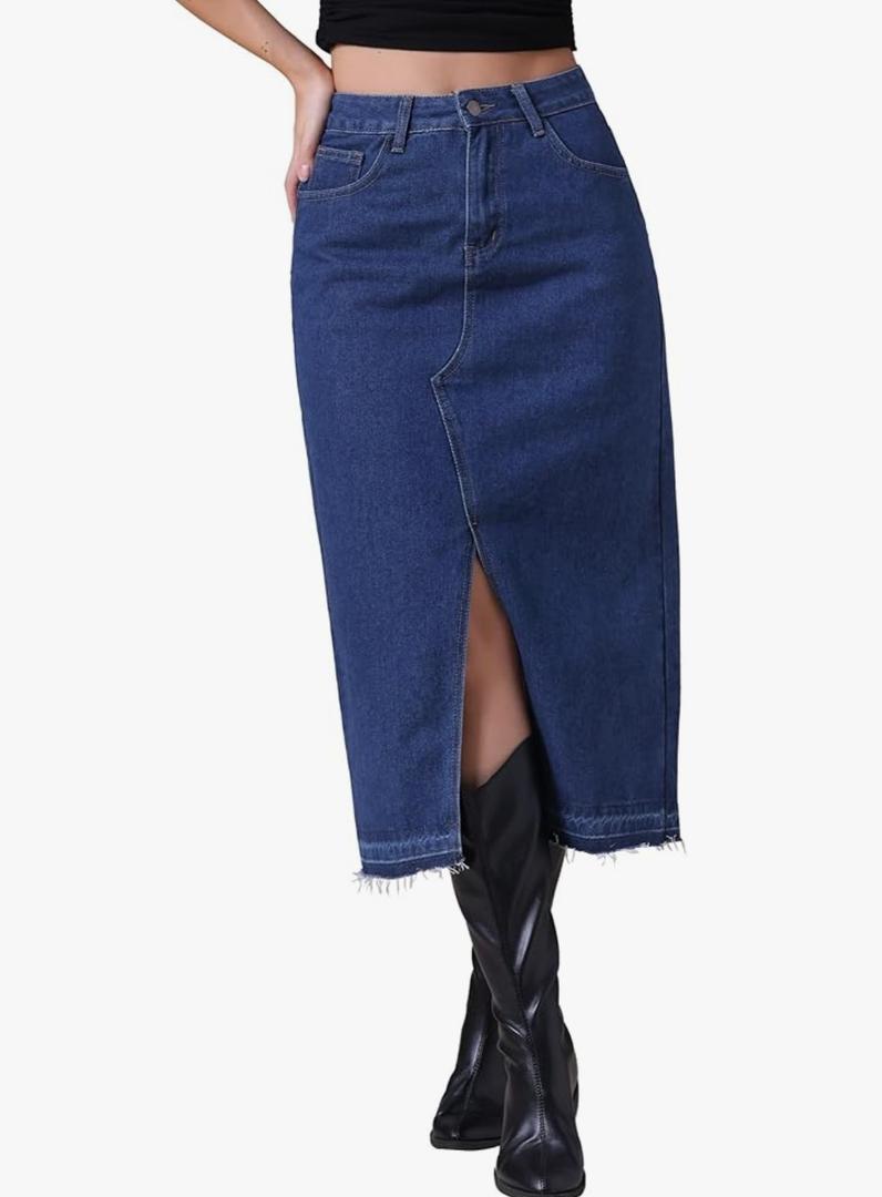 Women's Denim Skirt High Waist Front Slit Raw Trim Hem Pencil Skirt with Pockets Midi Jean Skirts XL