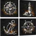 LevvArts Nautical Wall Art Canvas Lighthouse Anchor Compass Paintings Poster Modern Black and Gold Decor Pictures Ready to Hang