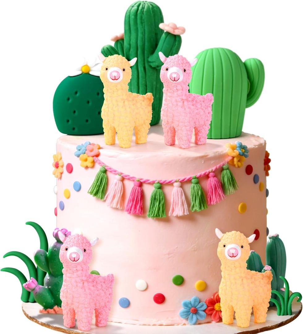Llama Cactus Cake Decorations Mexican Fiesta Party Decorations Mini Llama Figurine Cake Topper Cinco De Mayo Alpaca Party Supplies