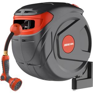 Retractable Garden Hose Reel 1/2 Inch 100 FT Wall-Mounted 180° Swivel Automatic Slow Return Any Length Lock Hose Reels for Outside 9 Pattern Sprayer Nozzle UV Resistant