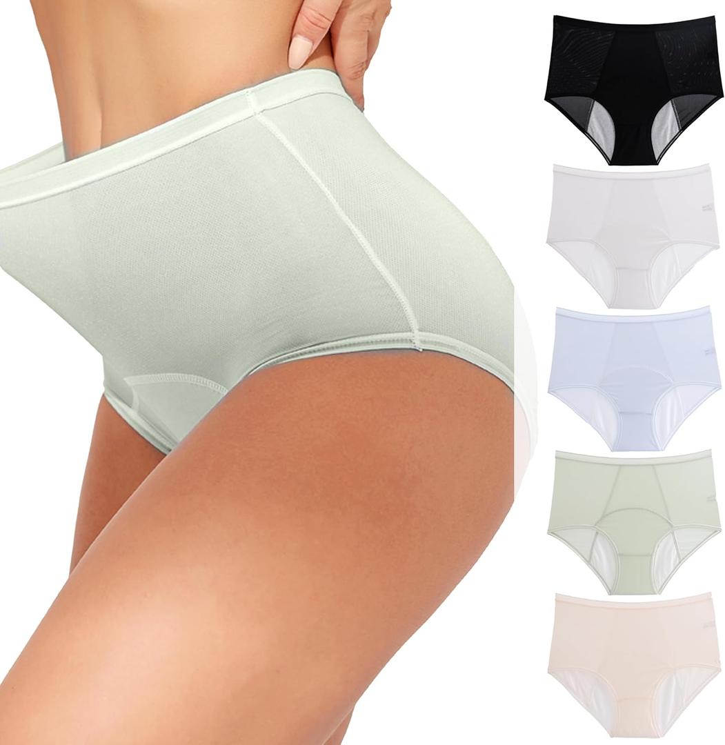 Women's Leakproof ladies Underwear High Waist Briefs 3-Layer Protective Panties Breathable Soft 5-Pack (4X-Large Plus, Black Grey Blue Green Nude)