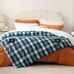 Westinghouse Electric Blanket Queen Size, Soft Flannel to Sherpa Heated Blanket with Dual Control 10 Heating Levels & 1 to 12 Hours Auto-Off, Machine Washable, Fast Heating, 84 * 90 Inch, Green
