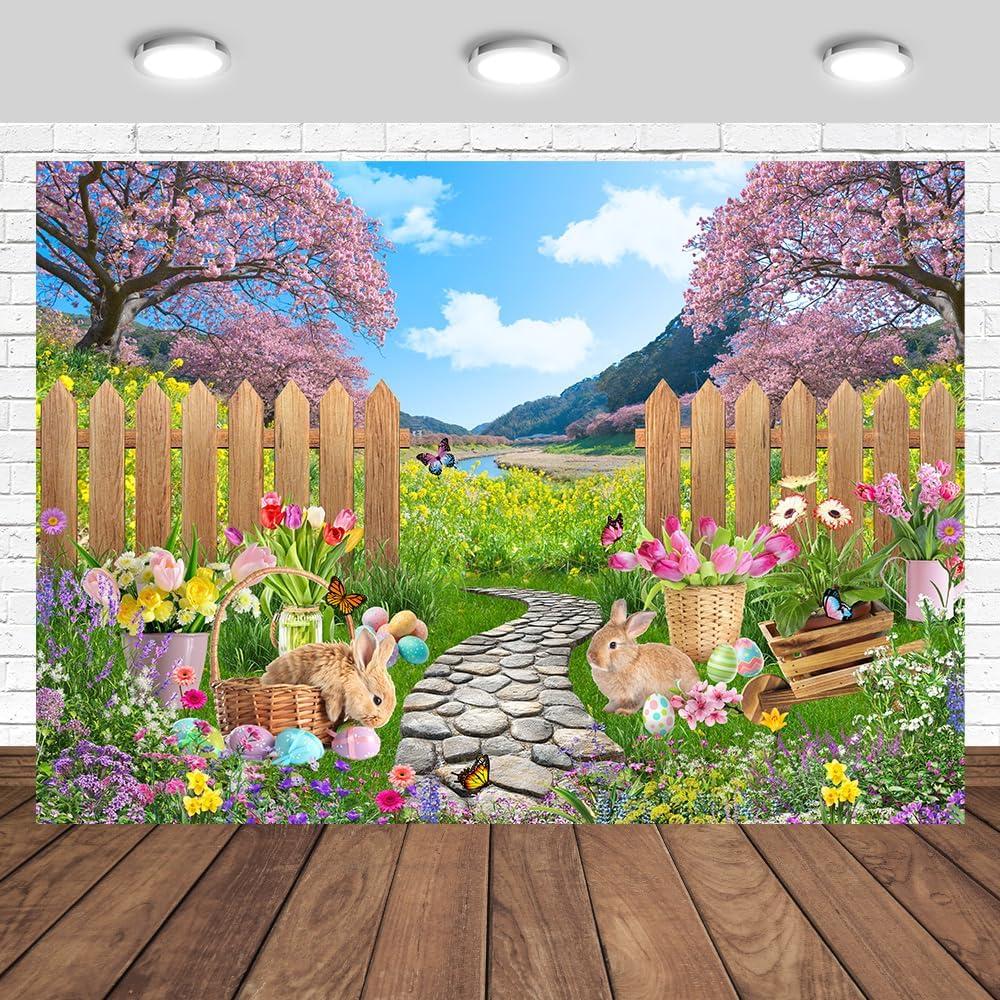 Spring Flowers Grass Easter Backdrop 7x5ft Colored Egg Green Grass Pink Floral Garden Landscape Scenery Photography Background Rabbit Easter Party Banner Photo Studio Props