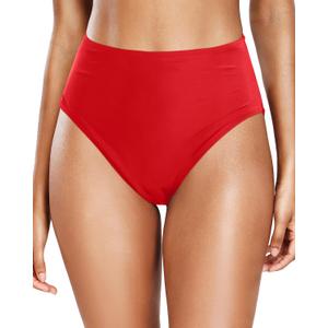 Tempt Me Women's High Cut High Waisted Bikini Bottoms Tummy Control Bathing Suit Bottoms Swim Bottom Swimsuit Bottom (Large, Red)