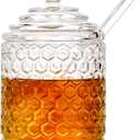 Glass Honey Jar with Lid and Dipper, Honeycomb-Inspired Design Container, Heavy Honey Pot for Home Kitchen (10 oz)