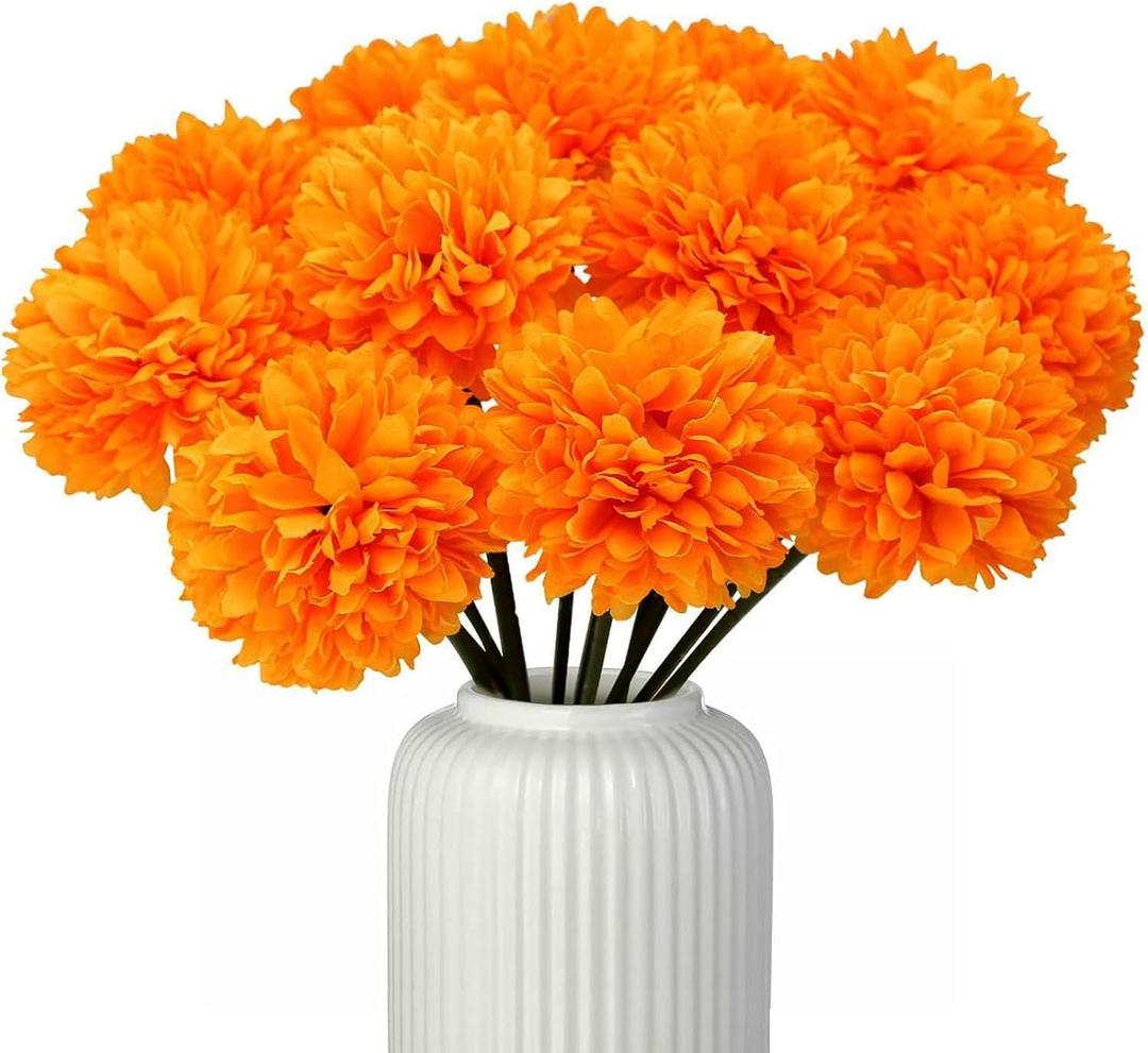 16 Pcs Artificial Chrysanthemums Flowers Ball Flower Fake Mums Spring Autumn Flowers for Home Office Coffee House Parties and Wedding Decor (Orange)