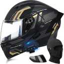 Bluetooth Modular Motorcycle Helmets, DOT Approved Flip Up Full Face Motorcycle Dual Visor Helmet, with Dual Speakers and Microphone, for Adults Men and Women, Black Gold XL