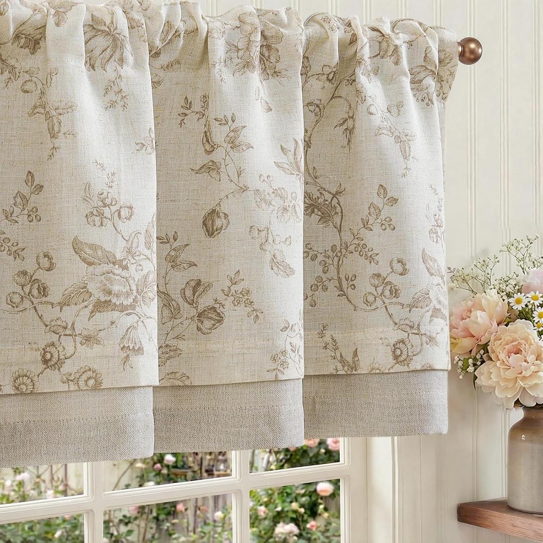 jinchan Amlie Floral Linen Valance Curtain Farmhouse Kitchen Valance for Living Room Laundry Light Filtering Double Layer Cottagecore Window Treatment Rod Pocket 1 Panel 16 Inch Taupe on Linen