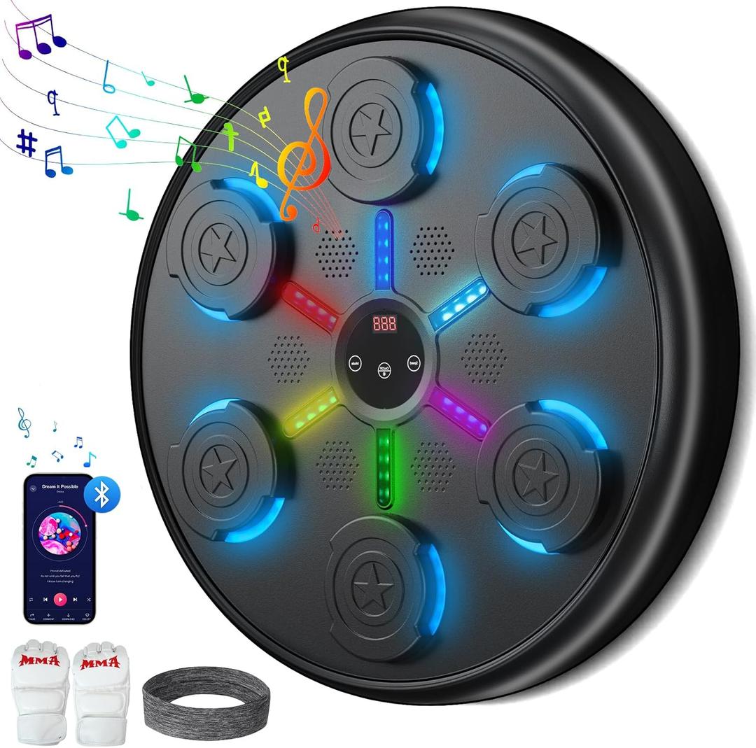 Music Boxing Machine for Adults & Kids - Wall Mounted Punching Machine with LED & Bluetooth, Smart Boxing Trainer for Home Gym, Reflex Speed Training & Stress Relief (Black - Gloves & Sweatband)