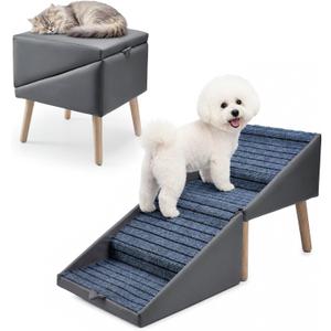 Ottoman Dog Ramp Stairs for Couch and Bed, 17" Foldable Pet Stairs, 2-in-1 Dog Stairs Stool for Small Dogs, Non-Slip 4 Steps, Leather
